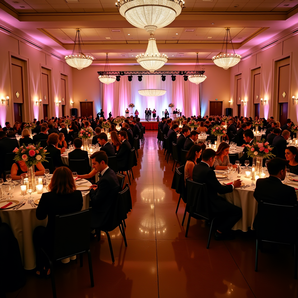 Elegant ballroom filled with attendees at the Santa Rosa Education Gala, featuring decorated tables with centerpieces, stage with lighting, and guests in formal attire celebrating educational achievement