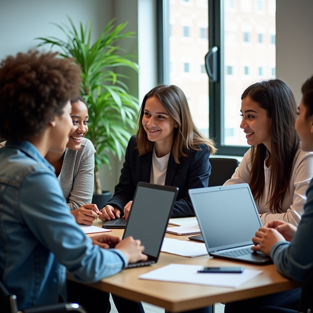 High school students engaged in mentorship session with professional mentors in a modern collaborative workspace, diverse group discussing career pathways with laptops and notebooks, bright natural lighting creating an inspiring educational atmosphere