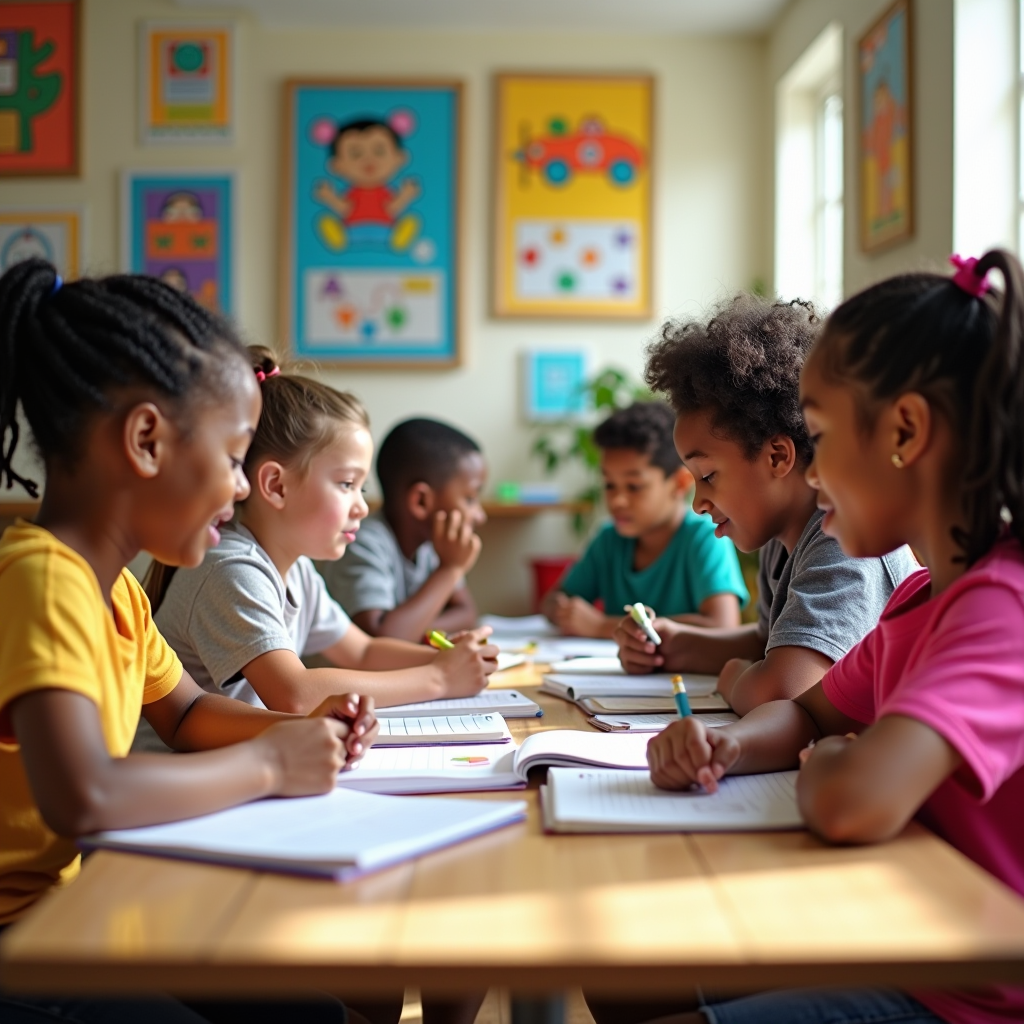 Diverse group of elementary and middle school students sitting at a bright, welcoming tutoring center table with volunteer tutors, engaged in learning activities with books, worksheets, and educational materials spread out, showing focused concentration and collaborative learning in a warm, supportive environment with colorful educational posters on the walls